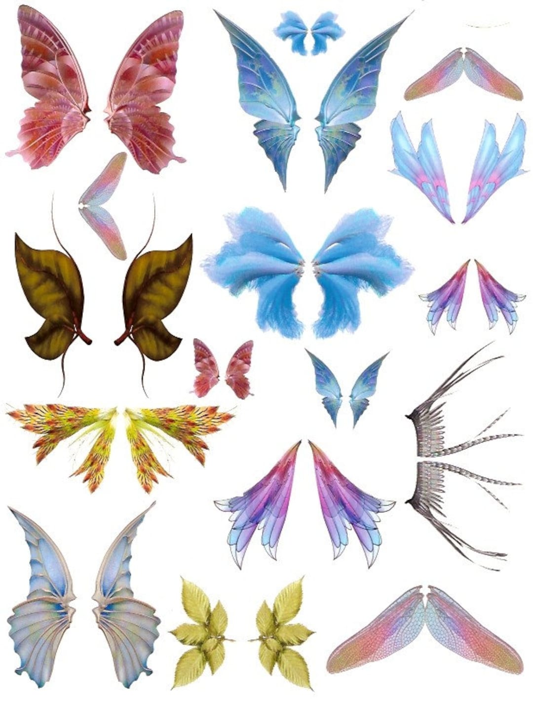 Butterfly wings dragon fly or fairy wings vibrant pinks blues printable collage sheet png and jpeg digital download vol