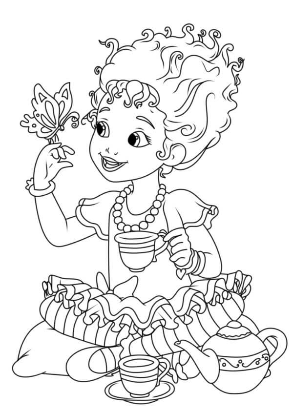 Fancy nancy is drinking tea with a butterfly coloring page