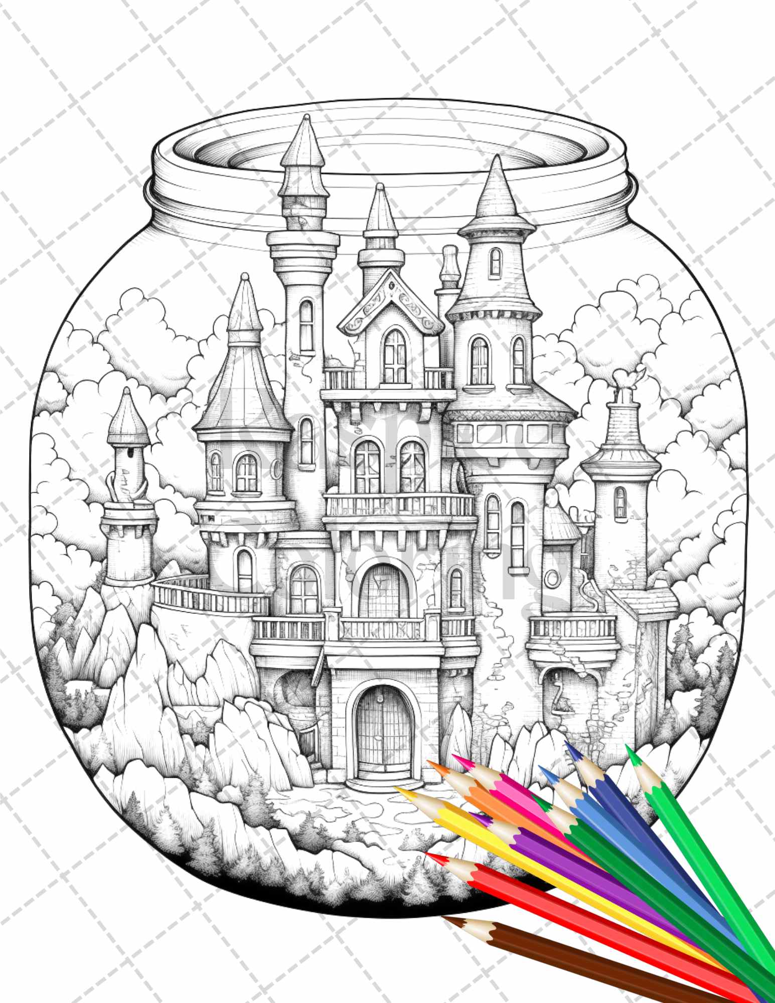 Fantasy castle in jar grayscale coloring pages printable for adults â coloring