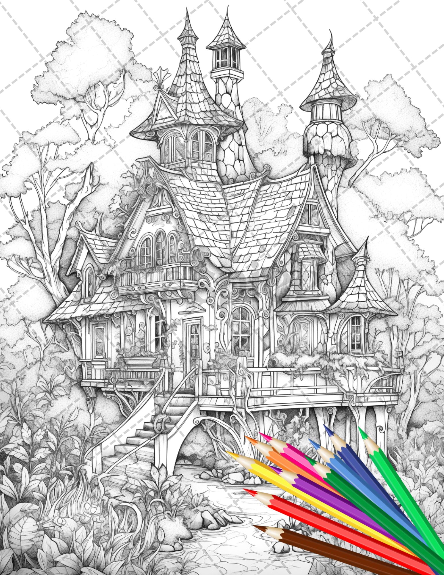 Fantasy fairy houses coloring page book printable adult coloring p â coloring