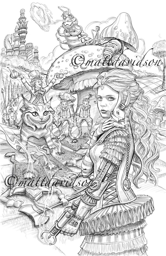 Alice in wonderland coloring pages matt davidson adult coloring steampunk coloring page fantasy coloring printable download instant download