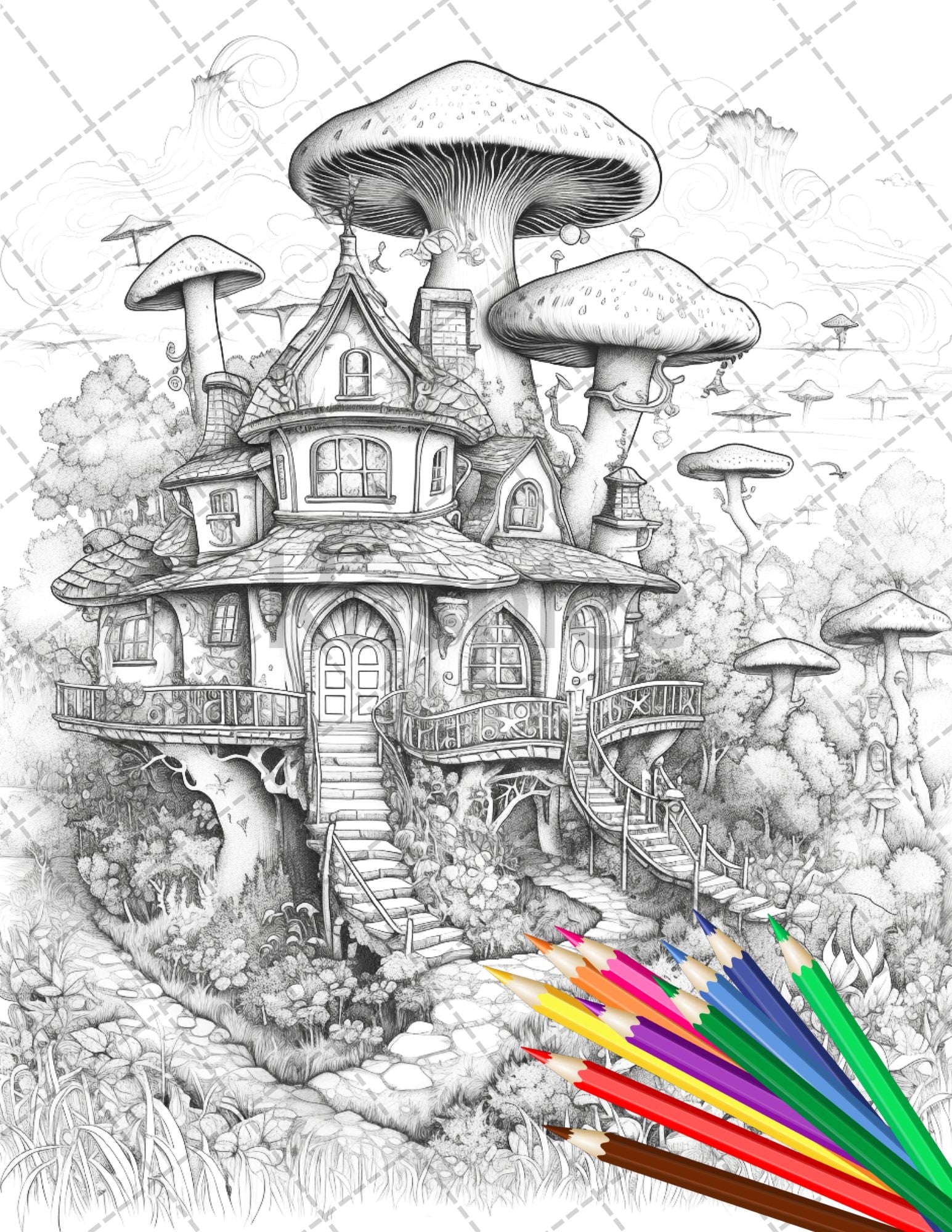 Fantasy fairy houses coloring page book printable adult coloring p â coloring