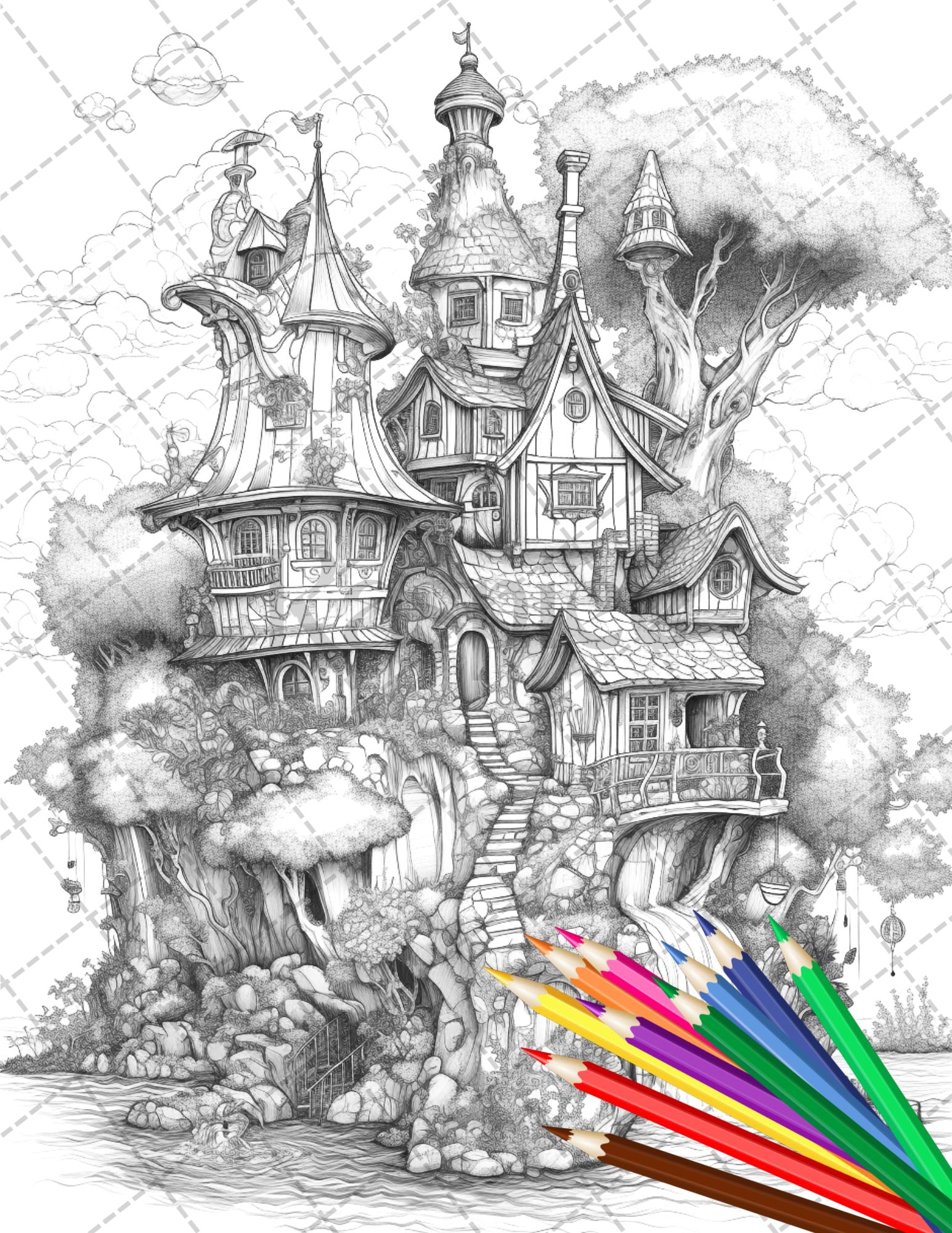 Fantasy fairy houses coloring page book printable adult coloring p â coloring