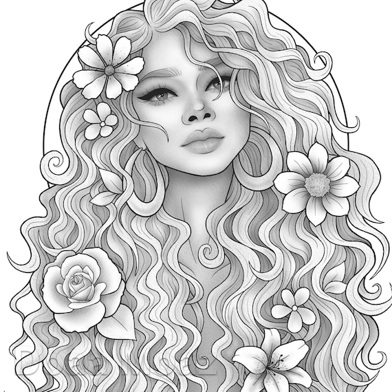 Printable coloring page fantasy character black girl portrait