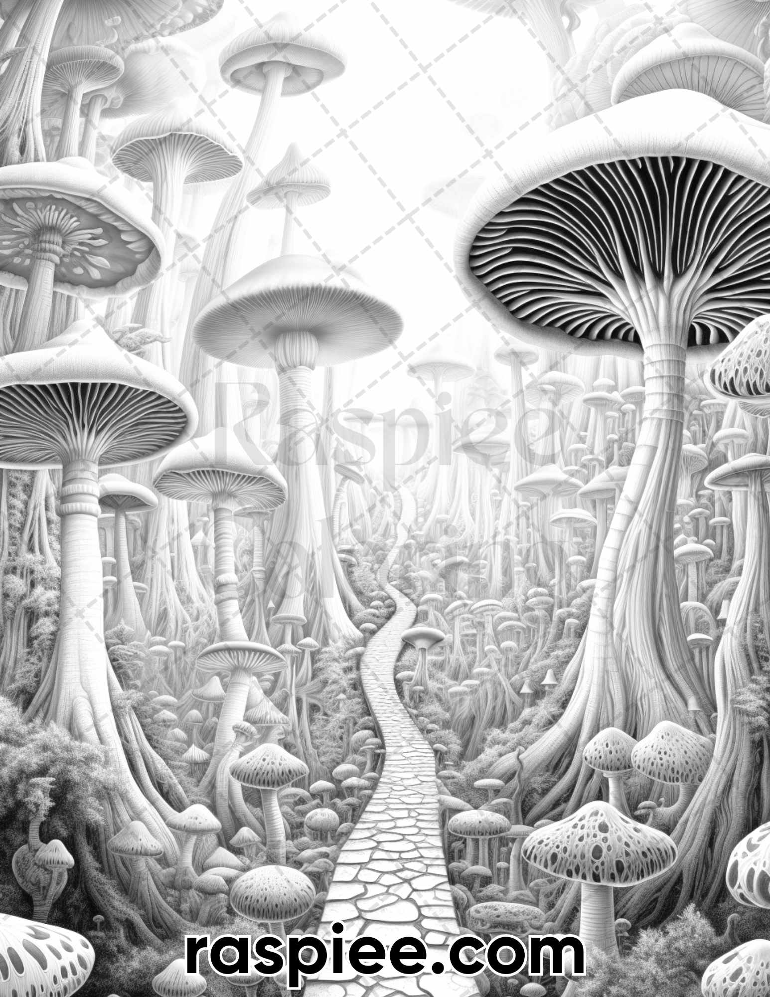 Fantasy mushroom island grayscale coloring pages for adults printa â coloring