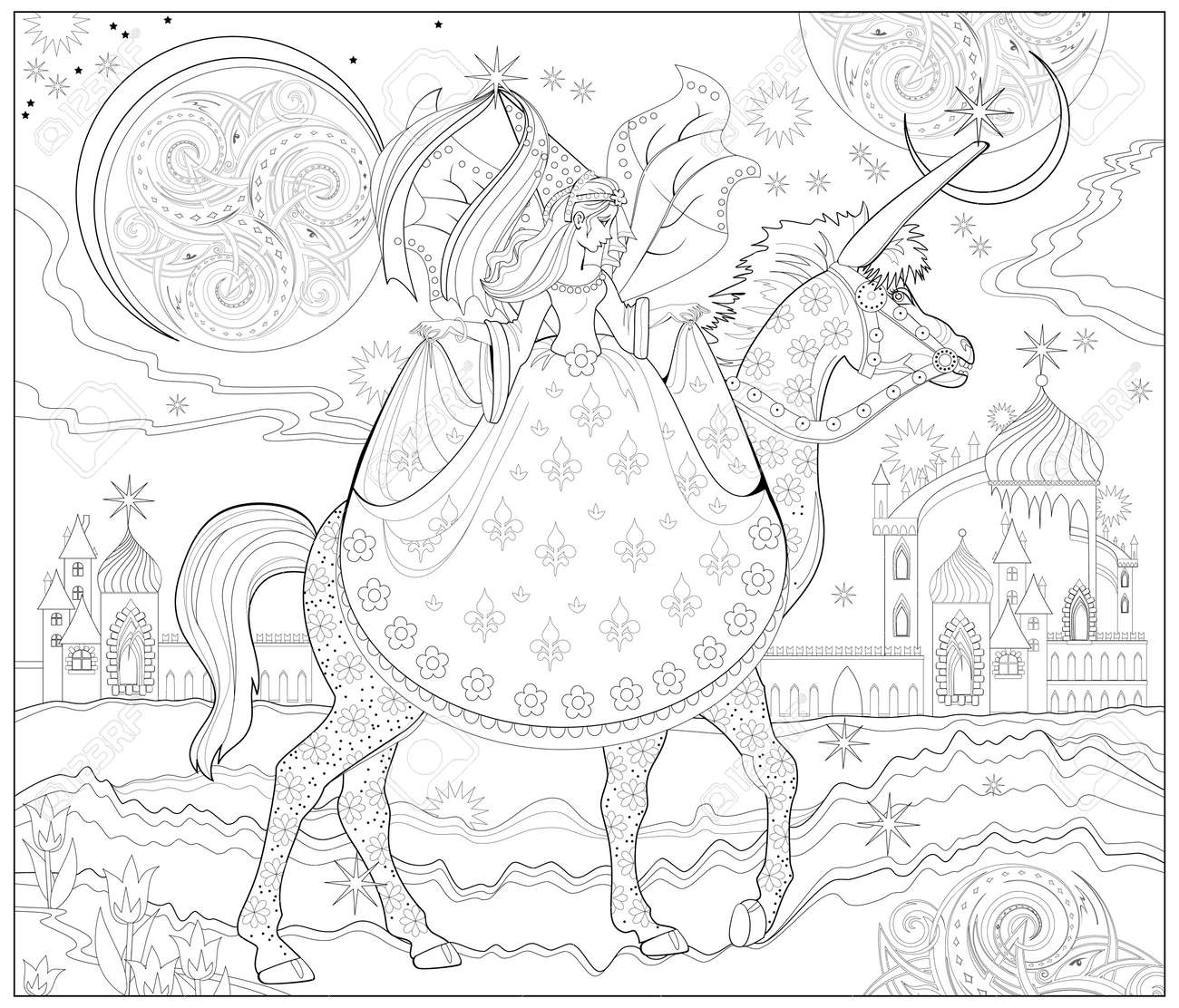 Fantasy fairy riding the unicorn in fairyland kingdom coloring book for children and adults illustration in zen