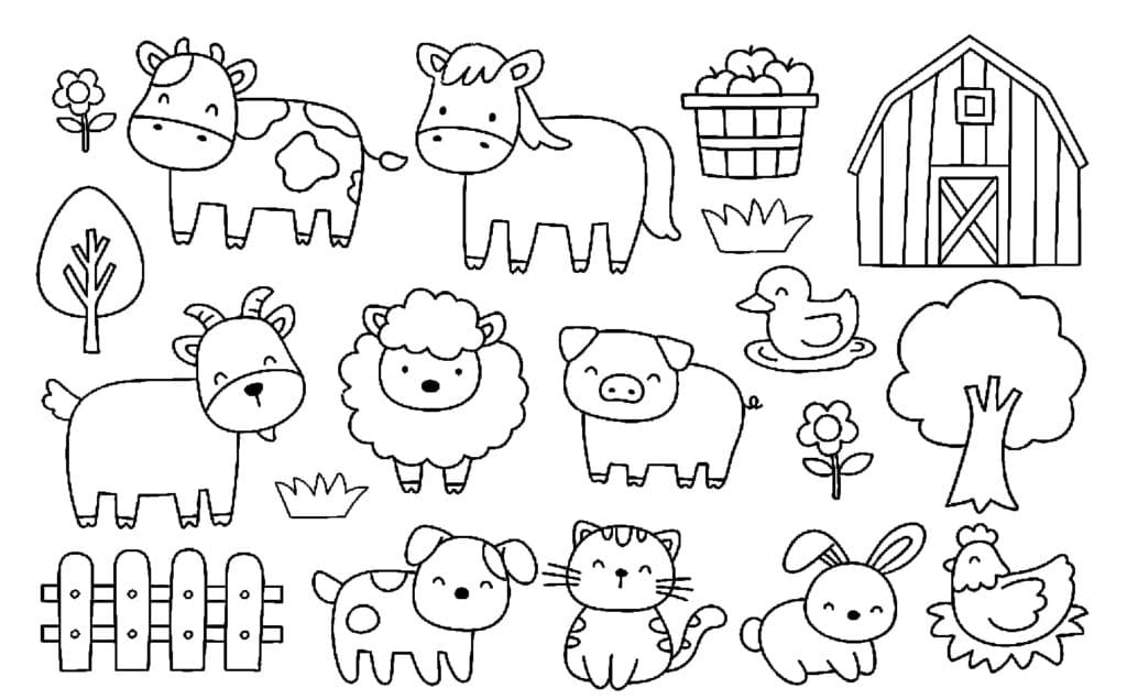 Cute farm animals printable coloring page