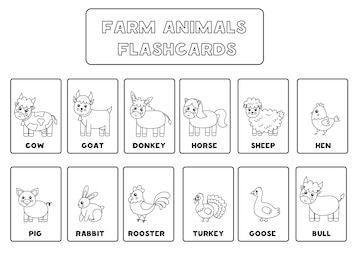 Premium vector black and white farm animal flashcards for kids