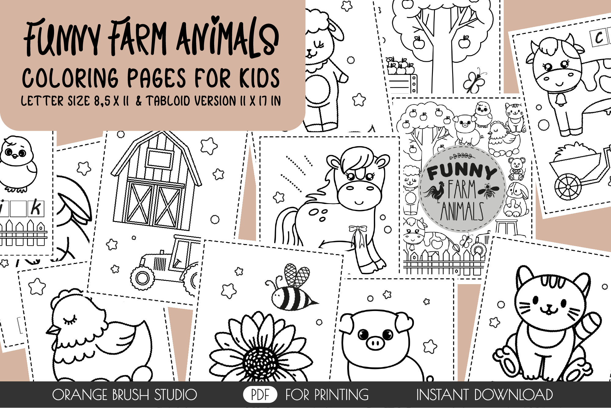 Funny cute kawaii farm animals kids activity coloring pages by orange brush studio