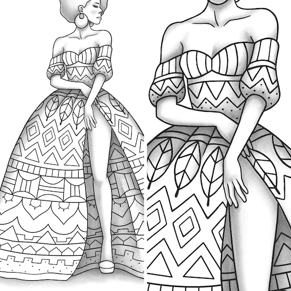 Printable coloring page african fashion colouring sheet model grayscale pdf adult black girl relaxing zentangle line art