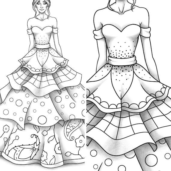 Printable coloring page fashion and clothes colouring sheet model grayscale pdf adult girls relaxing zentangle line art