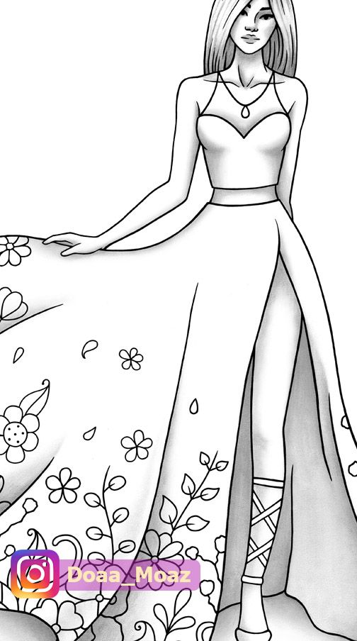 Printable coloring page fashion and clothes colouring sheet model grayscale pdf adult girls relaxing zentangle line art