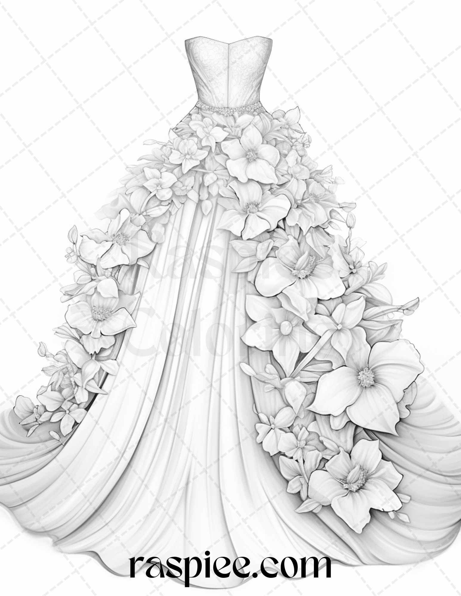 Elegant floral wedding dresses grayscale coloring pages printable f â coloring