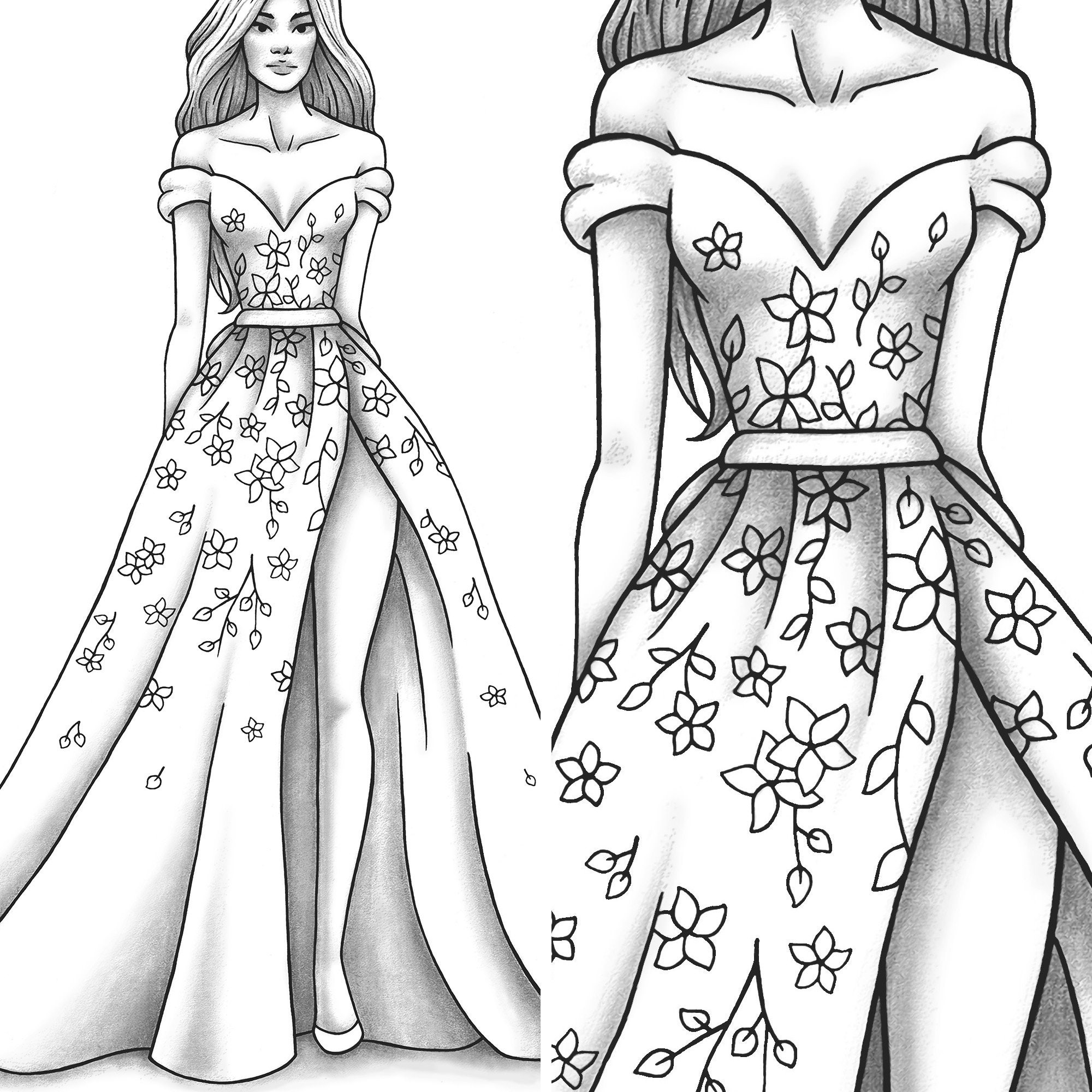 Adult coloring page fashion and clothes colouring sheet model grayscale pdf printable girls relaxing zentangle line art