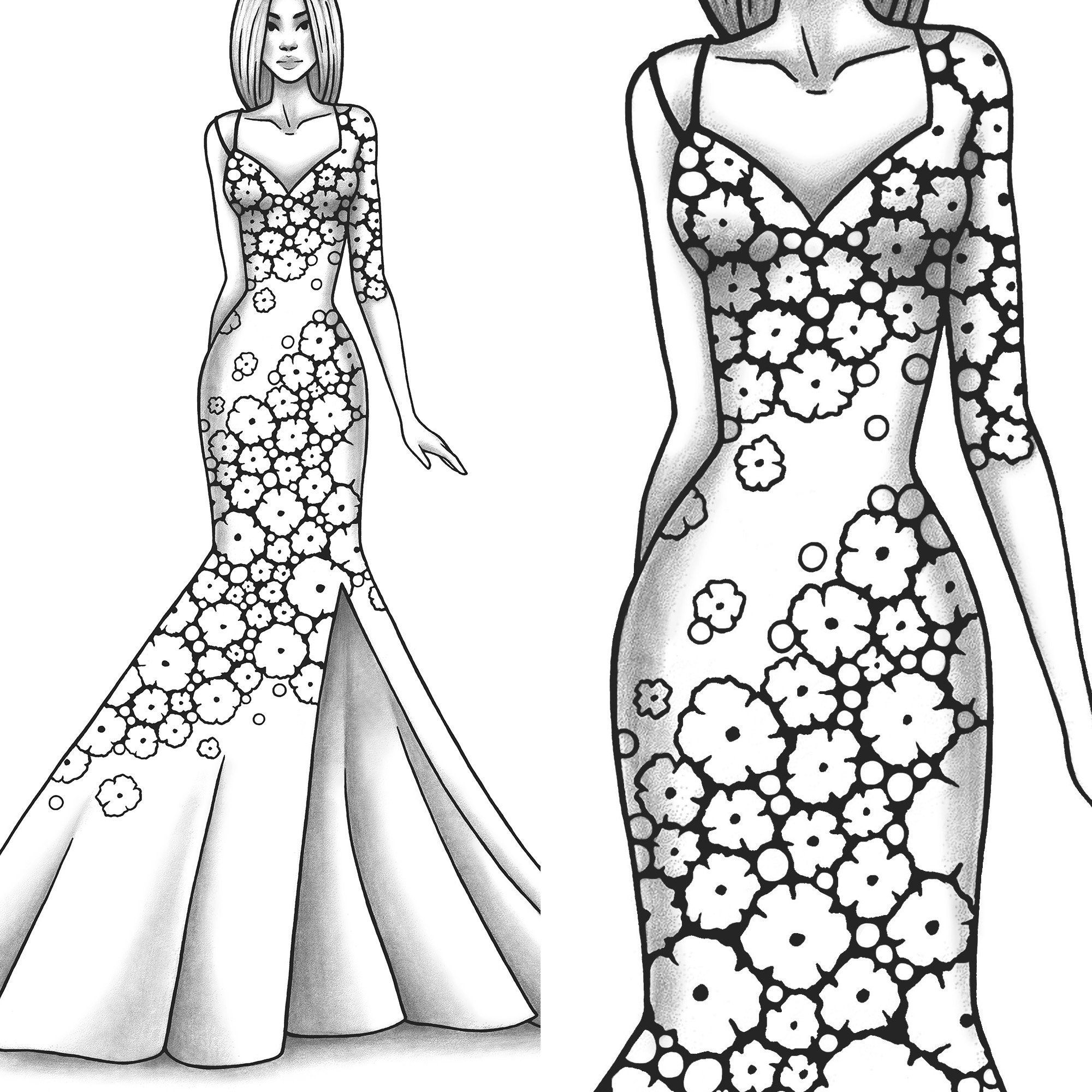 Adult coloring page fashion and clothes colouring sheet model grayscale pdf printable girls relaxing zentangle line art