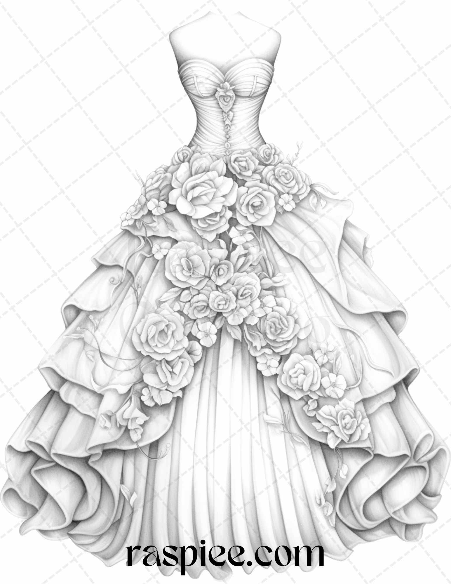 Elegant floral wedding dresses grayscale coloring pages printable f â coloring