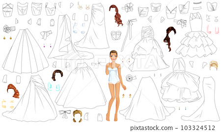 Wedding dress coloring page paper doll with