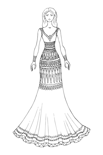 Premium vector doodle girl in beautiful fantasy dress coloring page for adults fantastic graphic artwork hand drawn illustration