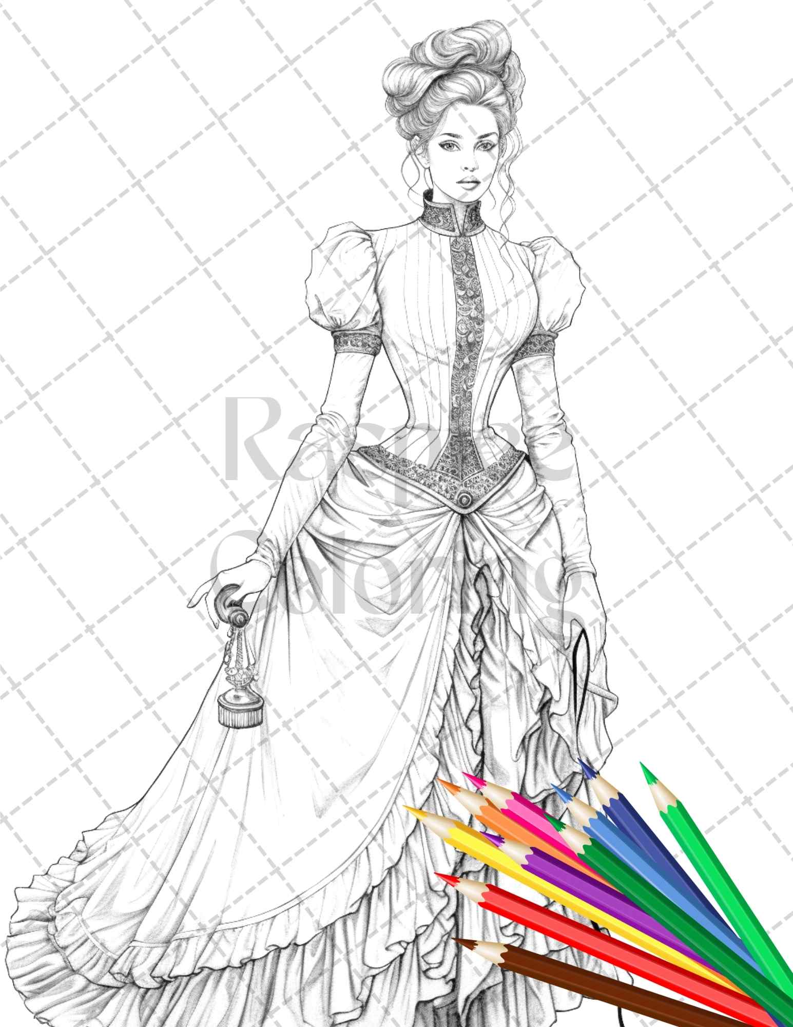 Victorian fashion grayscale coloring pages printable for adults pd â coloring