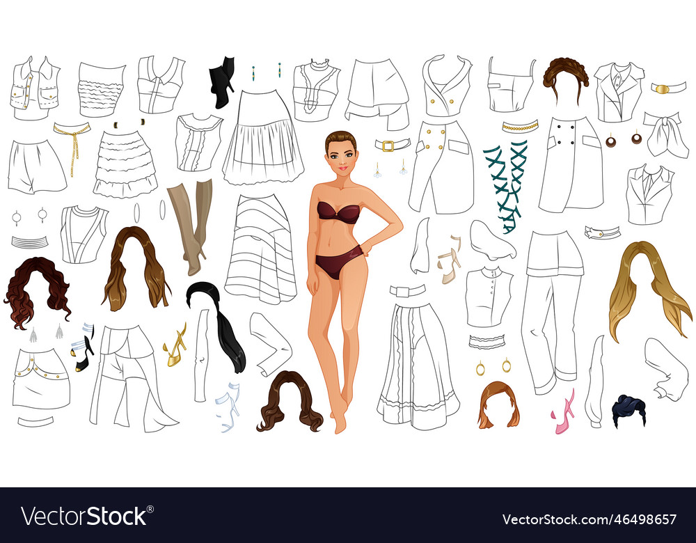 Fashion outfit coloring page paper doll royalty free vector