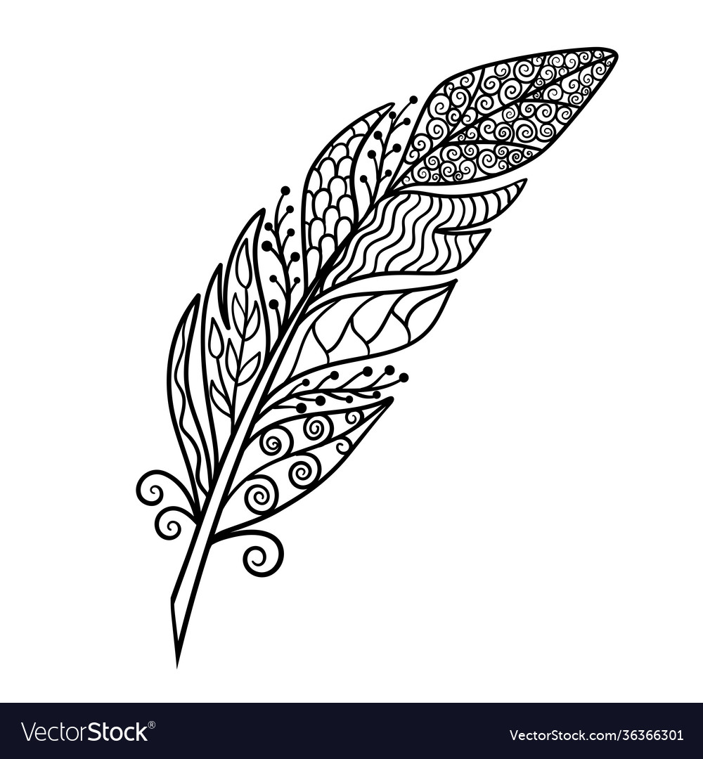 Feather in zen art style coloring page royalty free vector