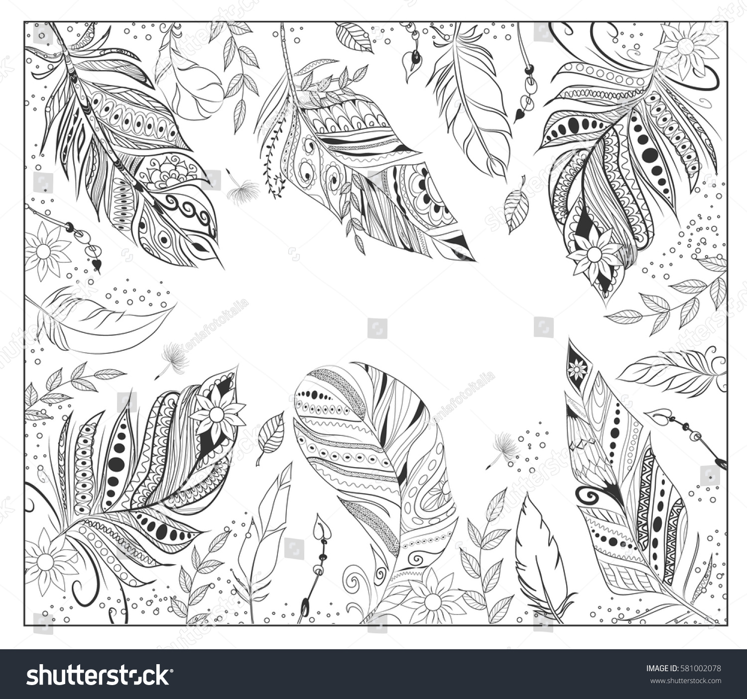 Stylized various feathers coloring page hand stock vector royalty free