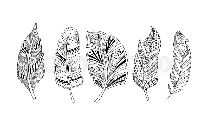 Stylized feathers set black and white tribal artistically drawn feathers pattern for coloring page tattoo design vector illustration on a white background stock vector