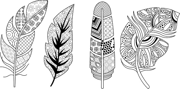 Artistically drawn feathers set vintage tribal stylized feathers pattern for coloring page vector illustration on a white background stock illustration