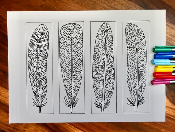 Coloring bookmarks feathers pdf download bookmarks to color digital download hand drawn diy coloring page