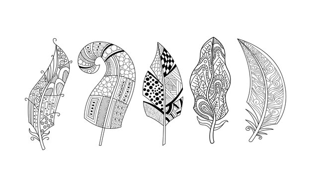 Premium vector artistically drawn feathers set black and white vintage tribal stylized feathers pattern for coloring page vector illustration isolated on a white background