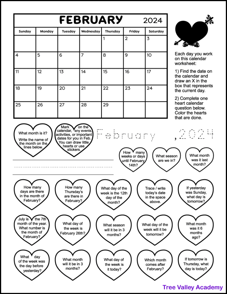 February printable calendar worksheet for grade