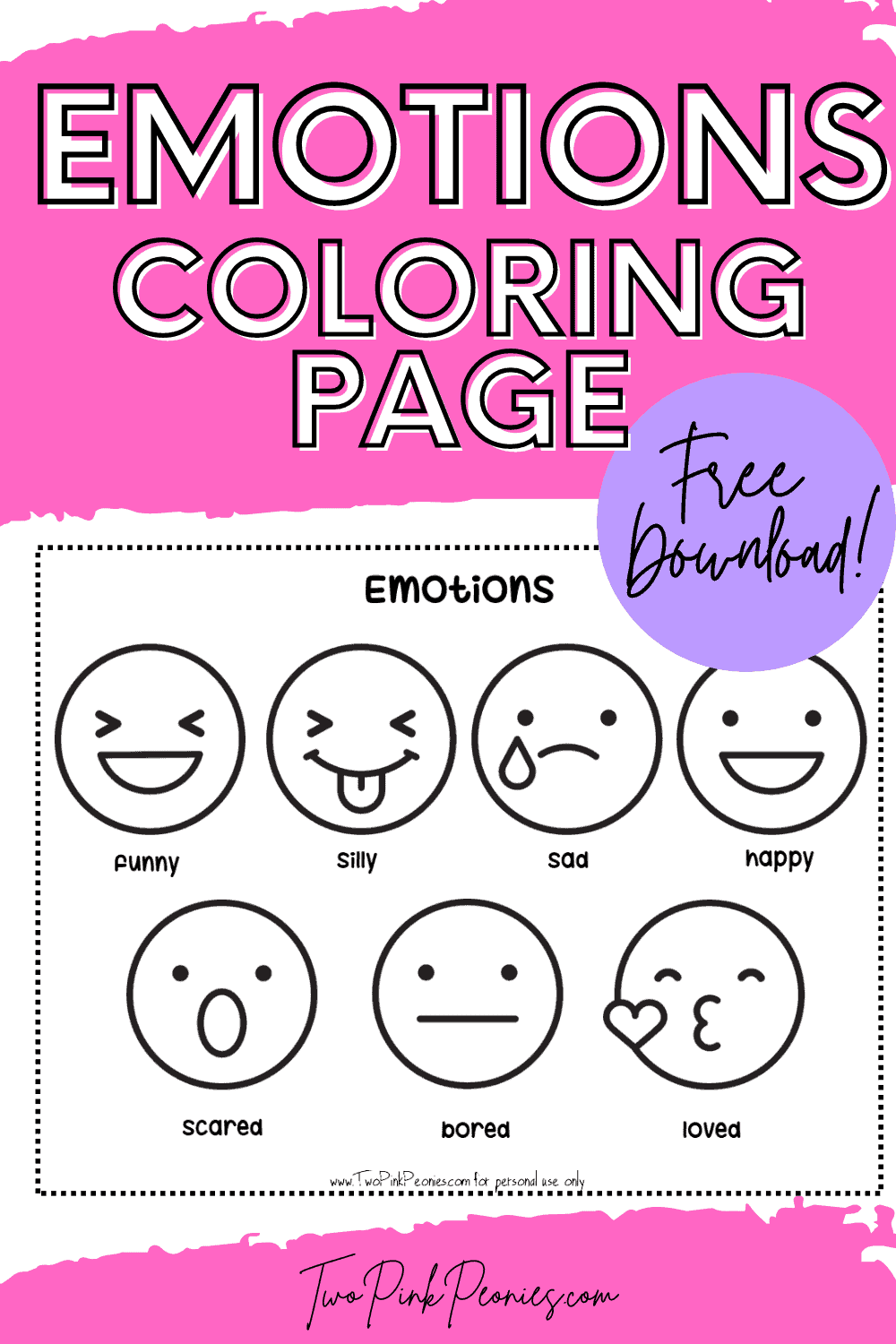 Emotions coloring page instant download two pink peonies