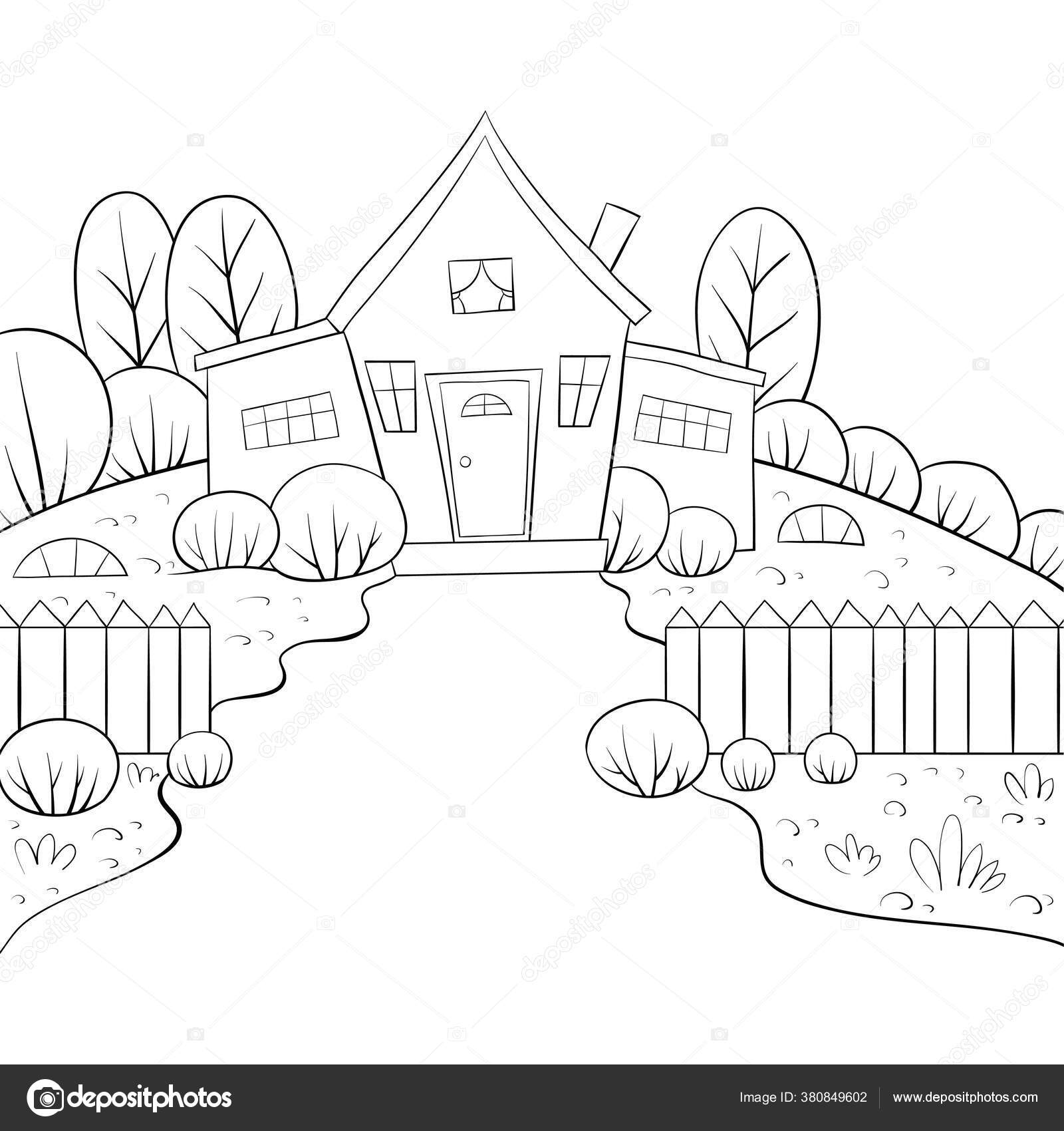 Nature landscape house fence image relaxing activity coloring book page stock vector by nonuzza