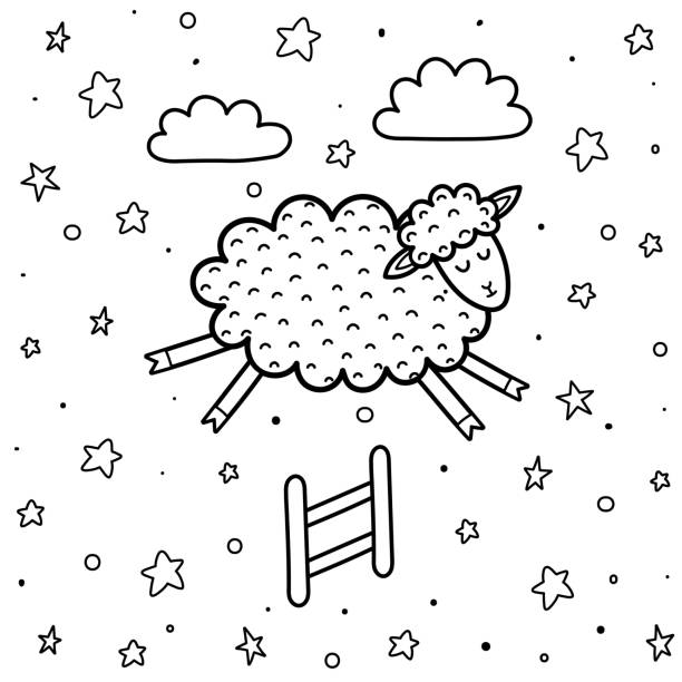 Coloring page for kids with a cute sheep jumping over the fence counting sheep black and white background stock illustration