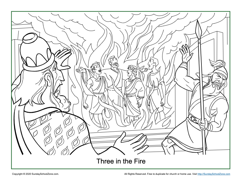 Three in the fire coloring page on sunday school zone
