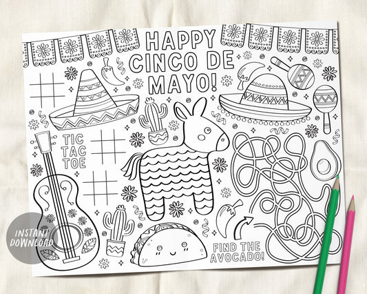 Fiesta coloring placemat for kids editable template mexican birthday â puff paper co