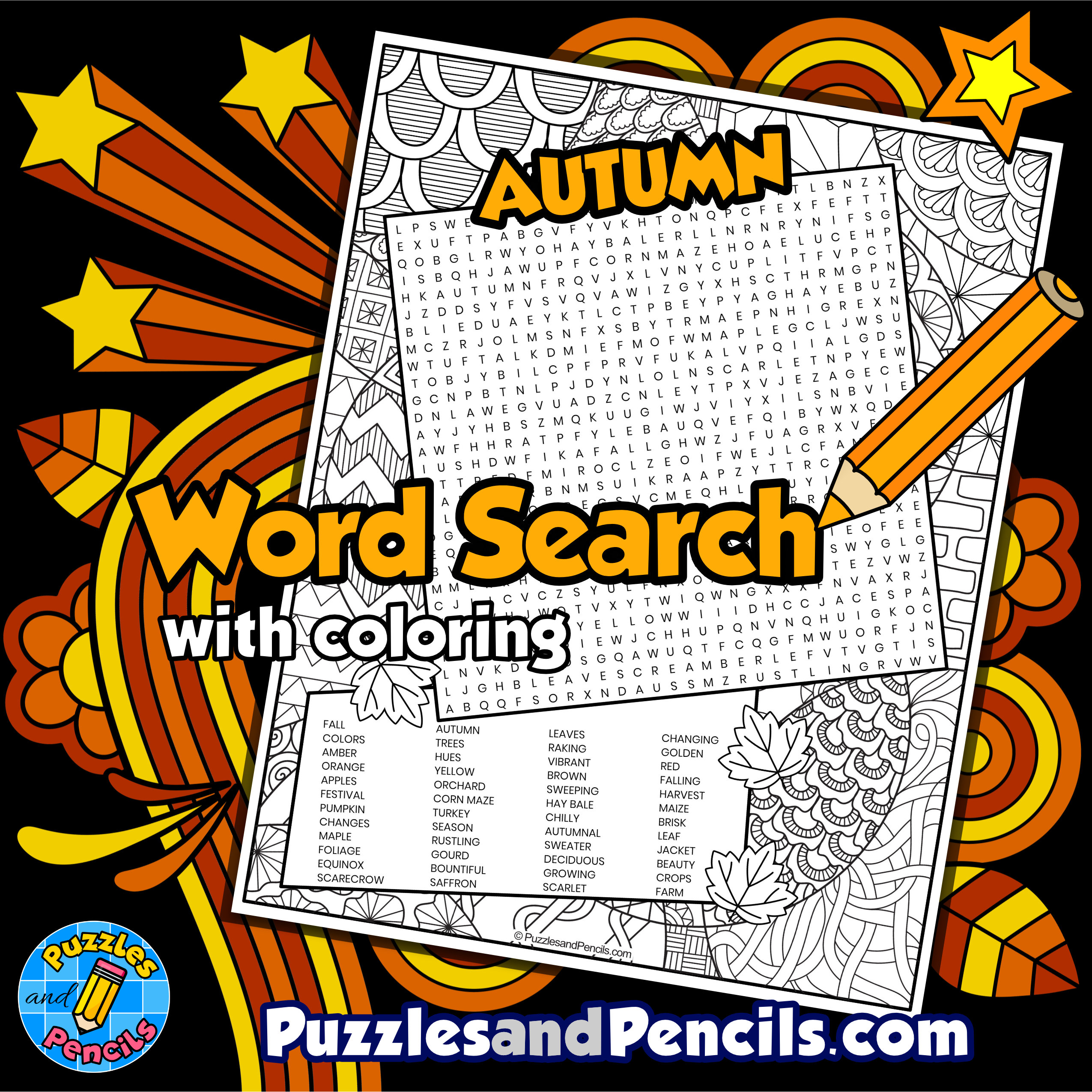 Autumn word search puzzle activity page with coloring fall made by teachers