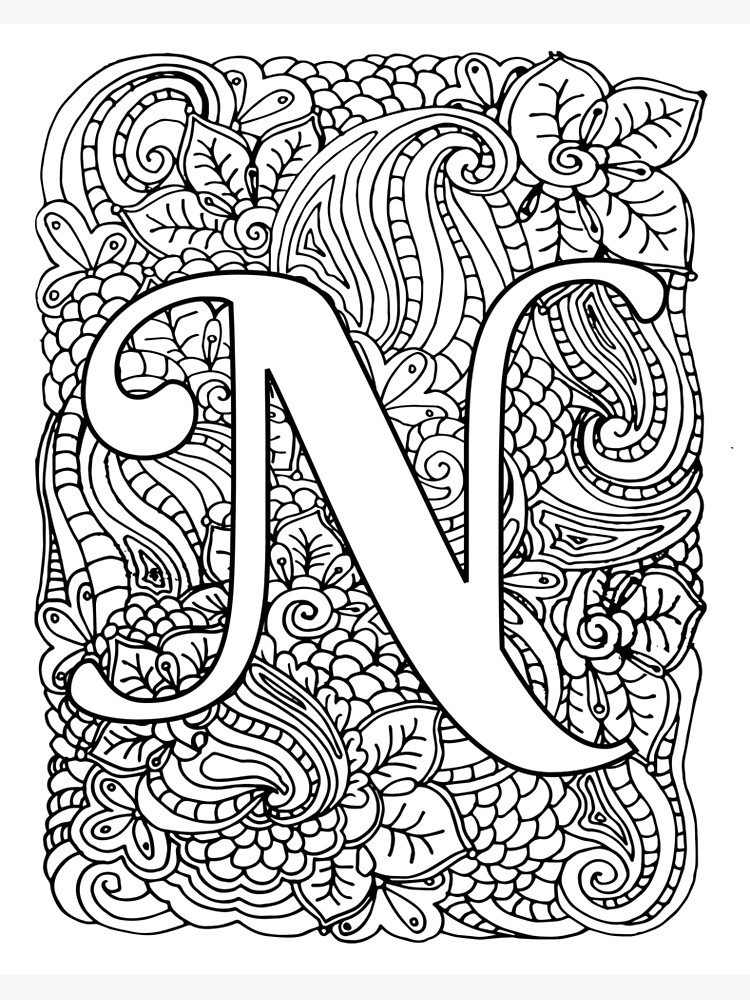 Adult coloring page monogram letter n art board print for sale by mamasweetea