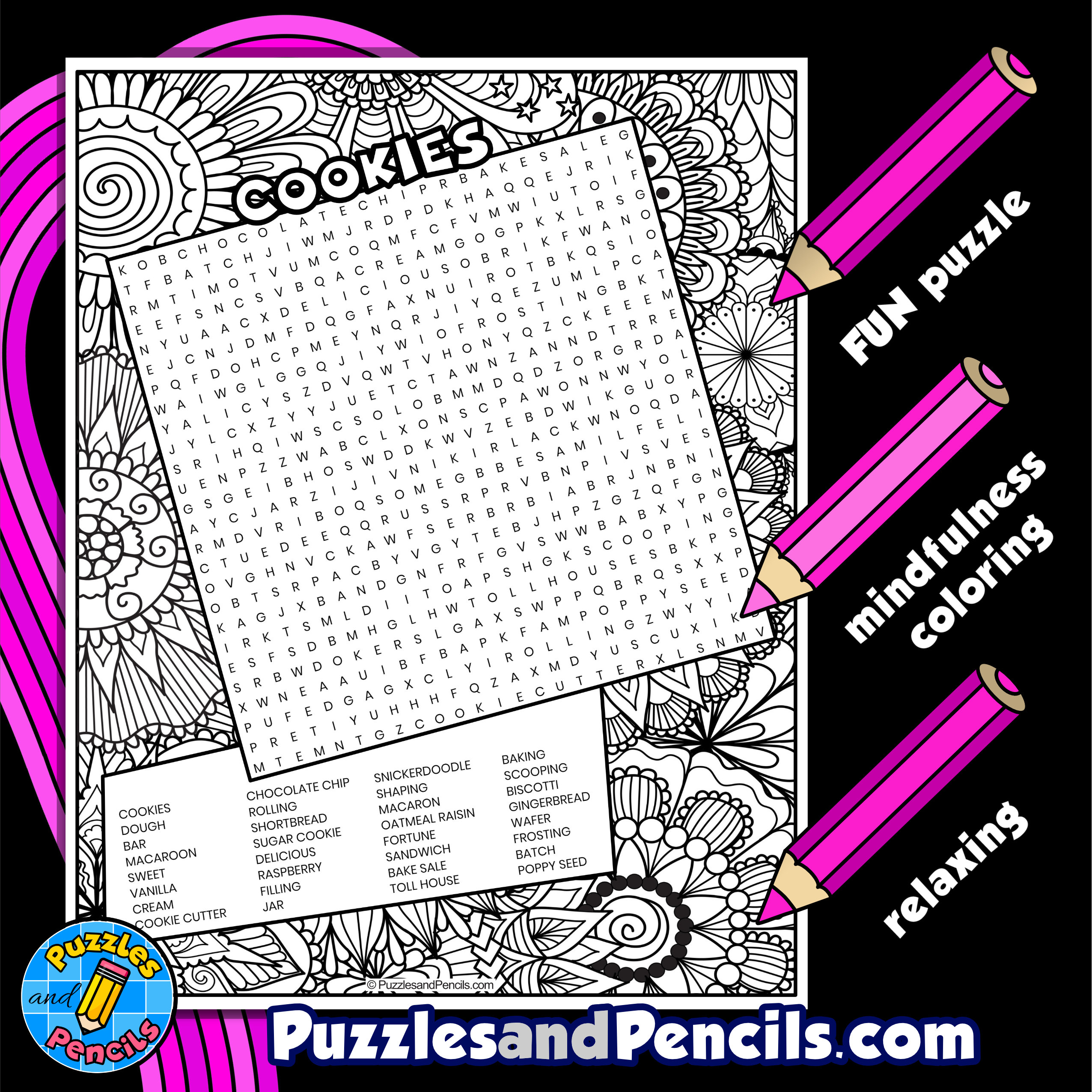 Cookies word search puzzle activity page with coloring made by teachers