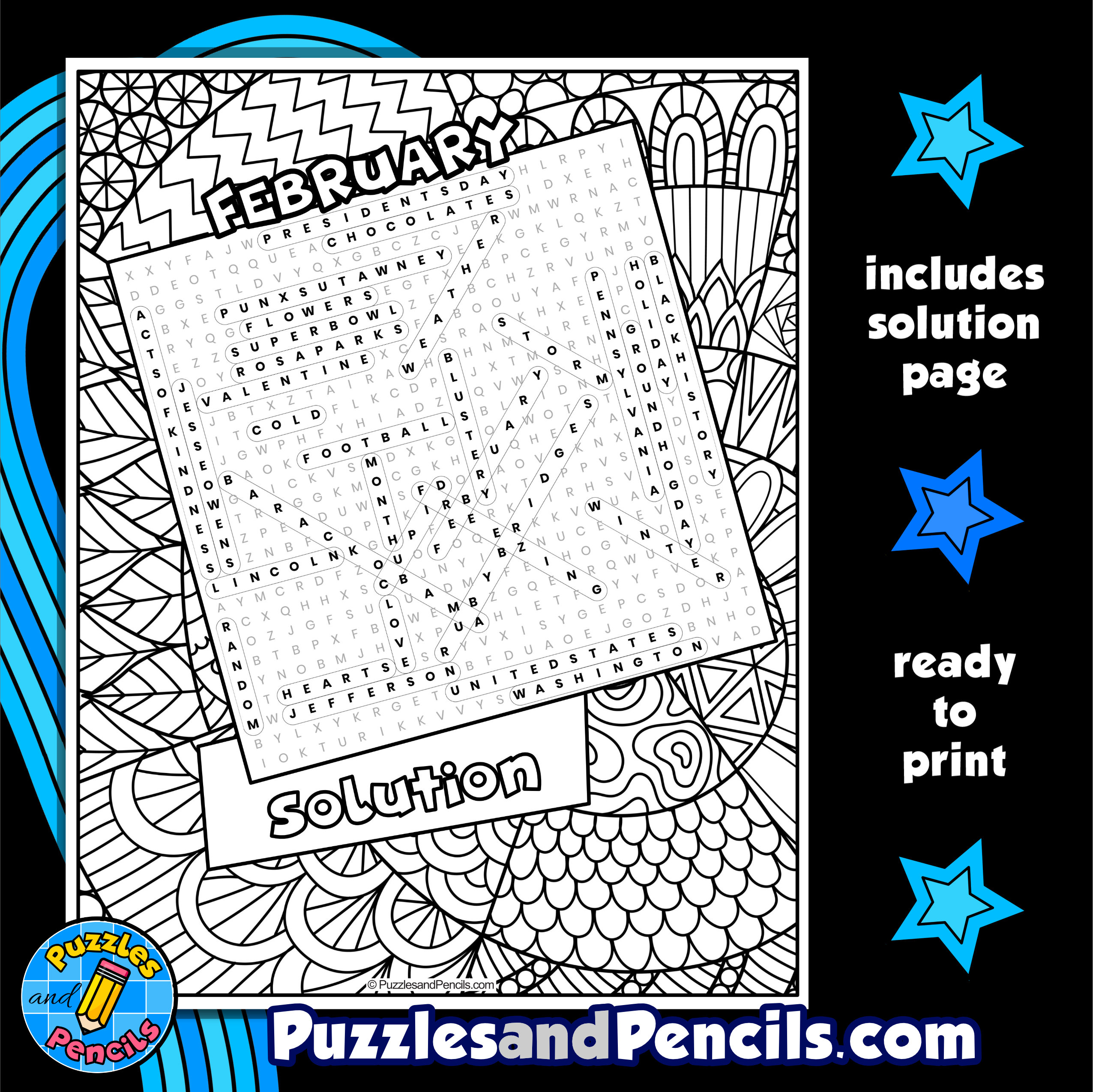 February word search puzzle activity page with coloring wordsearch made by teachers