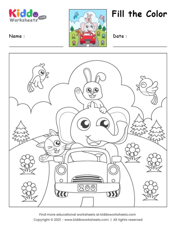 Free printable fill the color animals worksheet