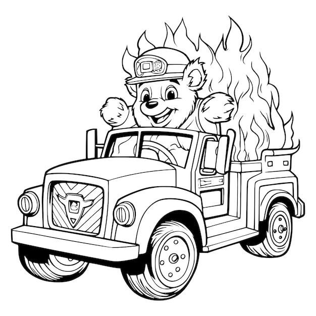 Premium vector bear driving firetruck coloring page for kids