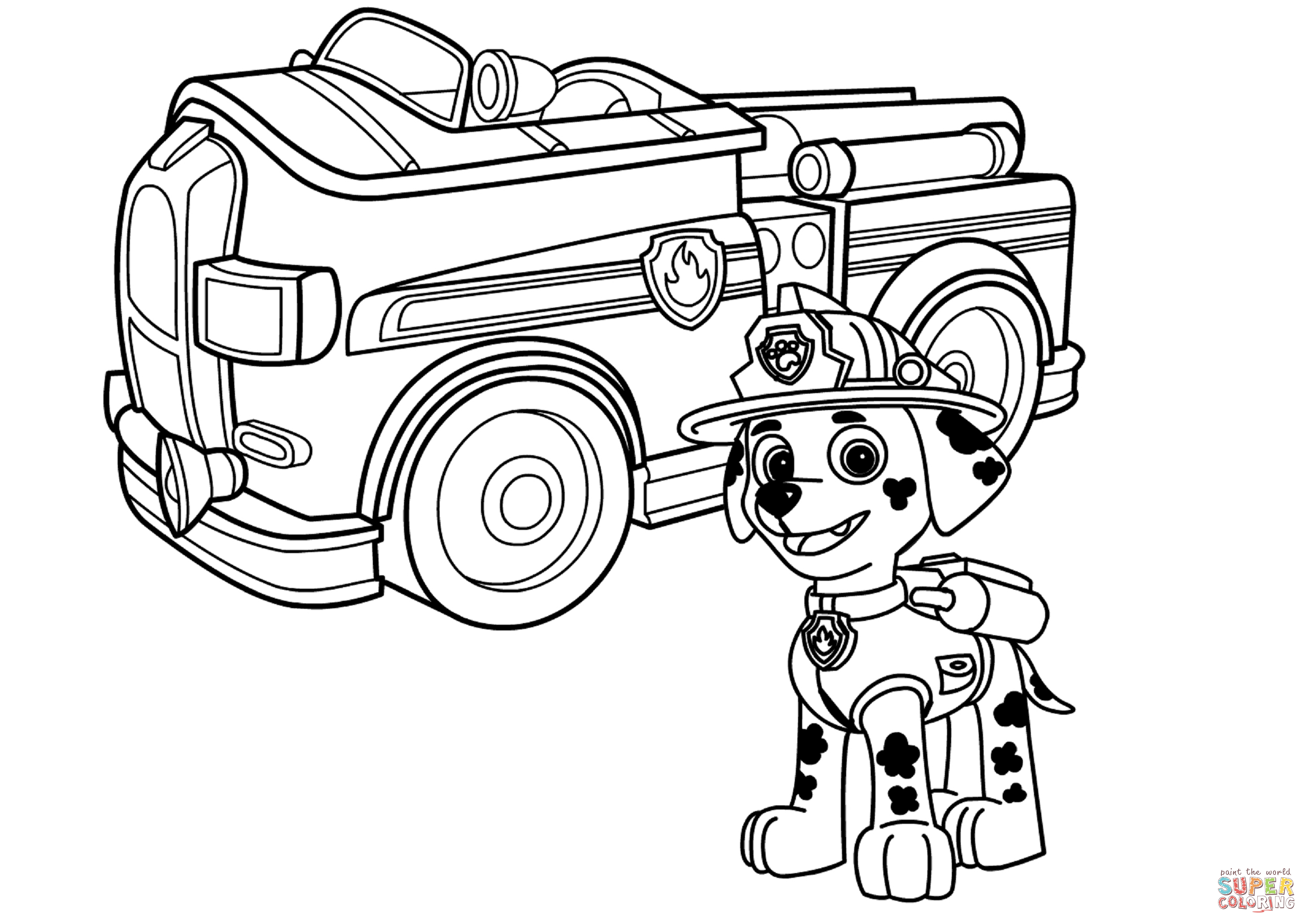 Paw patrol marshall with fire truck coloring page free printable coloring pages