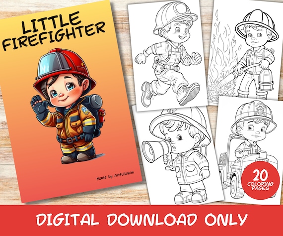 Little firefighter coloring pages book printable kids instant download grayscale coloring page printable pdf fireman childrens