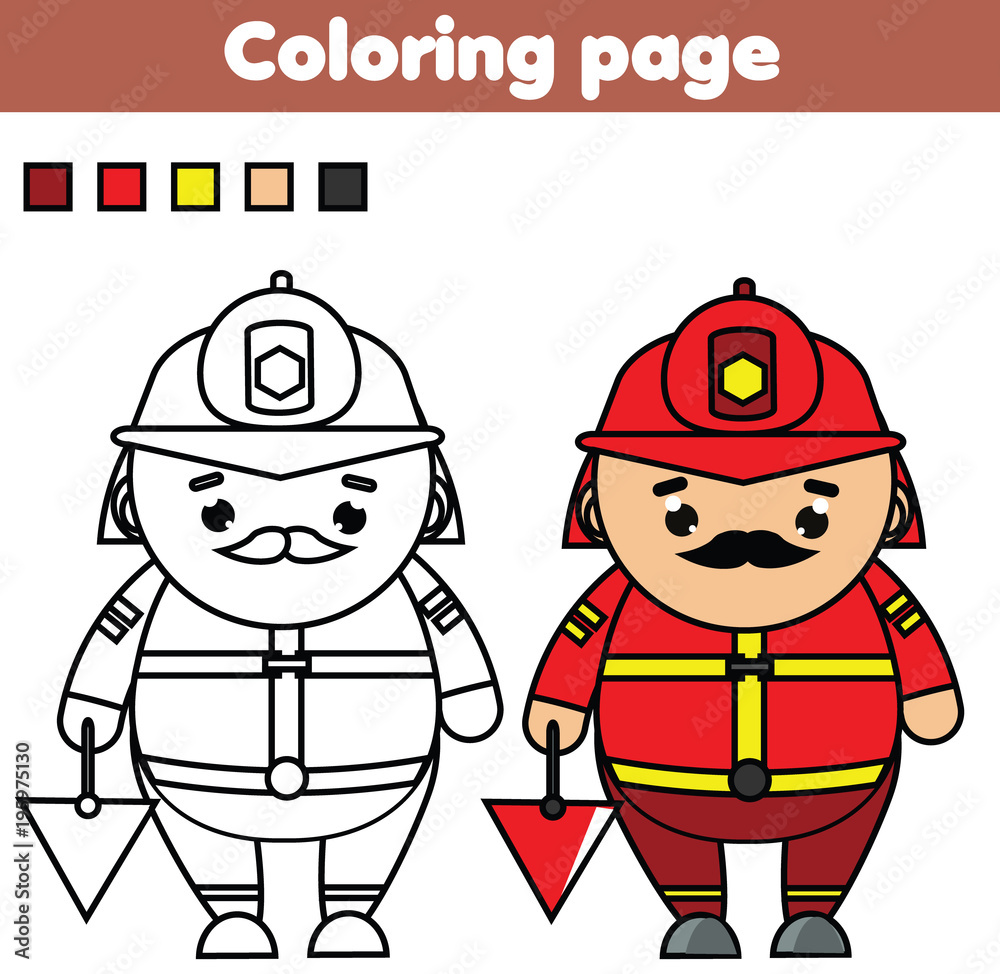 Fireman coloring page educational game printable activity for toddlers and kids vector