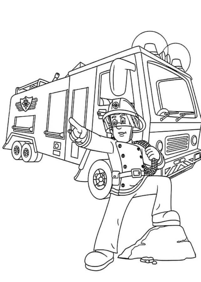 Fireman and his pany car coloring page