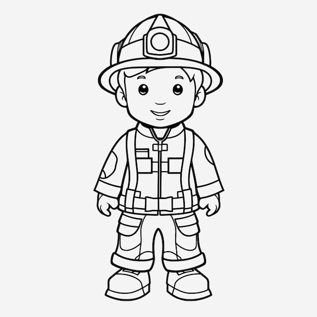 Premium photo cute firefighter coloring page full body shot with simple outline for kids