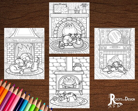 Instant download cozy fireplace animals coloring bundle coloring page or print