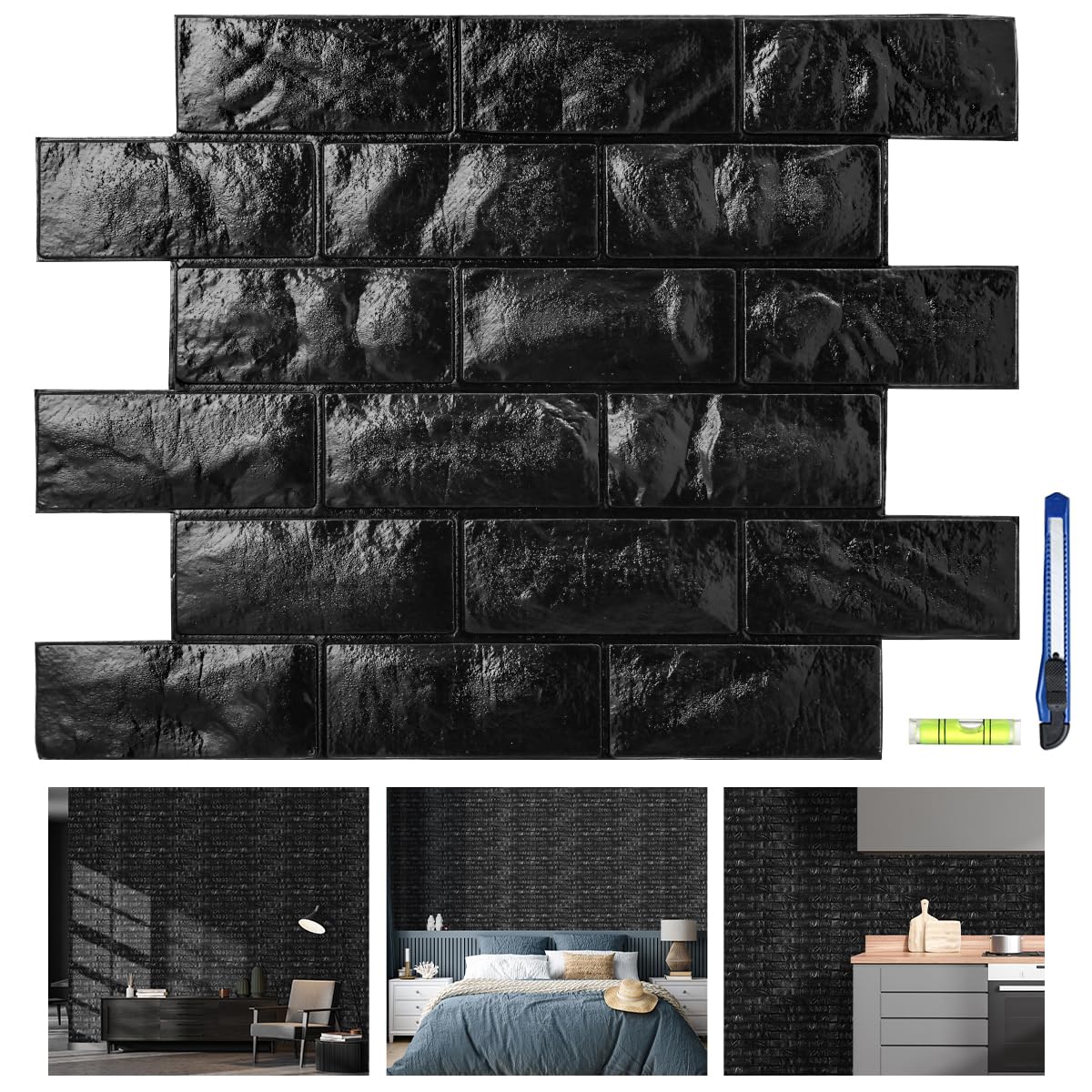 Pcs d wall panels black brick printable d wallpaper stick and peel self adhesive waterproof foam faux brick paneling for bedroom bathroom kitchen fireplace sq feet coverage tools