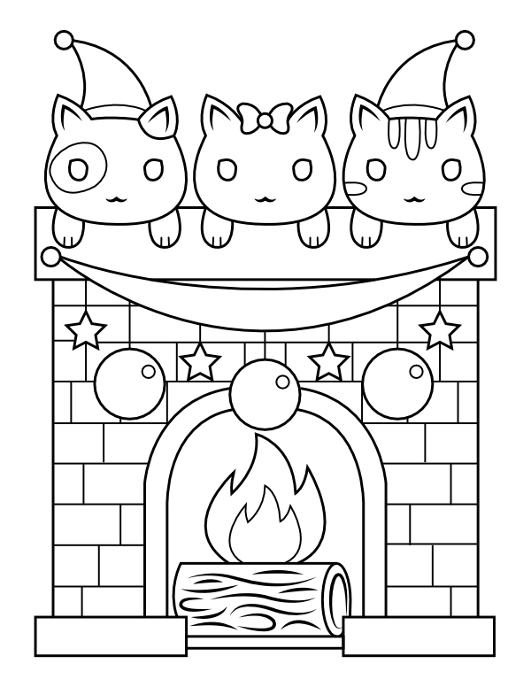 Printable christmas cats and fireplace coloring page